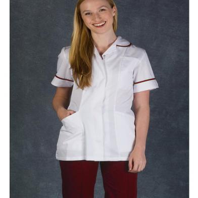 Female Nursing Tunic  In White/Maroon trim
